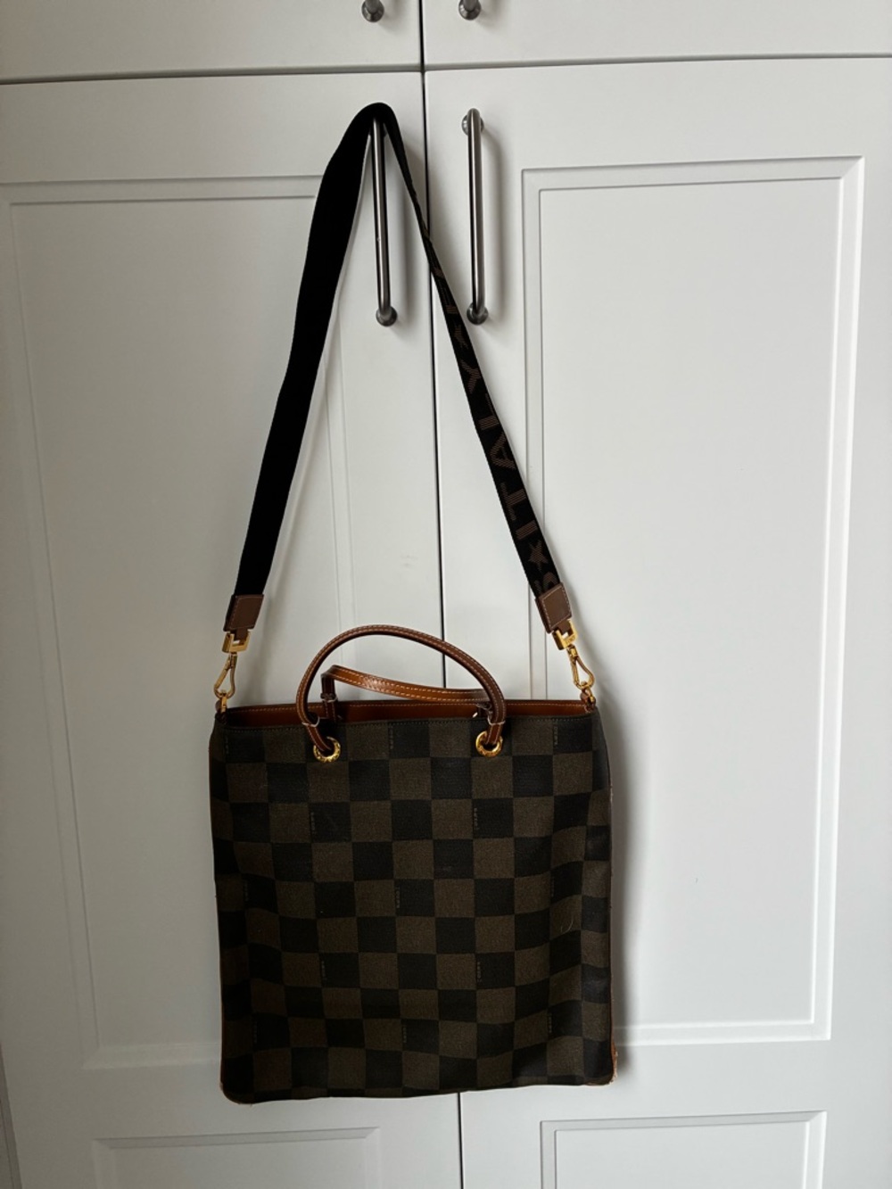 Fendi Brown Checkered Messenger Bag with Black Strap